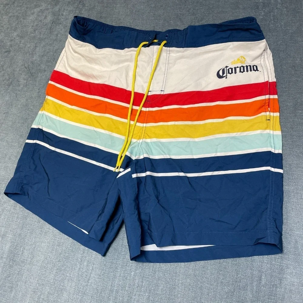 Corona Extra Beer Swim Trunks Board Shorts Mens 39 Multicolor Rainbow Striped